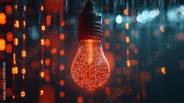 Fototapeta Glowing lightbulb filled with binary code, raining digits.