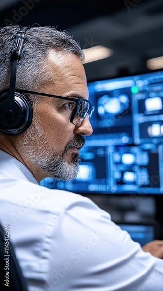 Obraz A focused professional analyzing data on multiple screens in a tech environment.