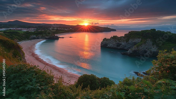 Fototapeta breathtaking view of Grande Plage in Biarritz, France, at sunset. The glowing horizon, crashing waves, and silhouetted coastline evoke harmony amidst chaos, symbolizing nature's duality