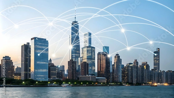 Fototapeta City Skyline Illuminated by Network Lines Symbolizing Cyber Resilience and Innovation