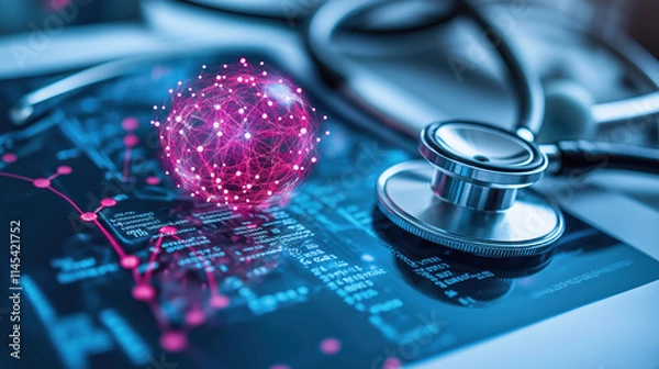Obraz A stethoscope rests on a digital health chart, accompanied by a glowing pink sphere, symbolizing medical technology and innovation.