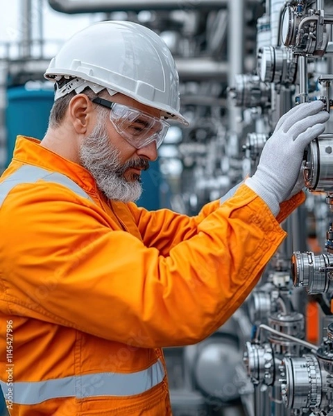 Fototapeta A worker in an orange jumpsuit inspects machinery in an industrial setting.