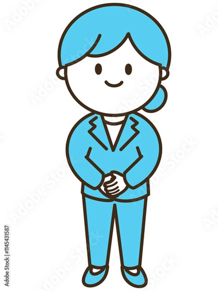 Fototapeta パンツスーツの女性の全身シンプルイラスト　ブルー