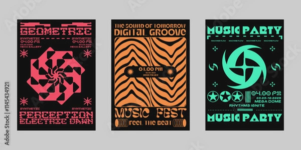 Fototapeta Brutalism poster set, Modern brochure for print. Retrofuturism graphic for promo event and music. Streetwear poster bundle. Event poster vector set.