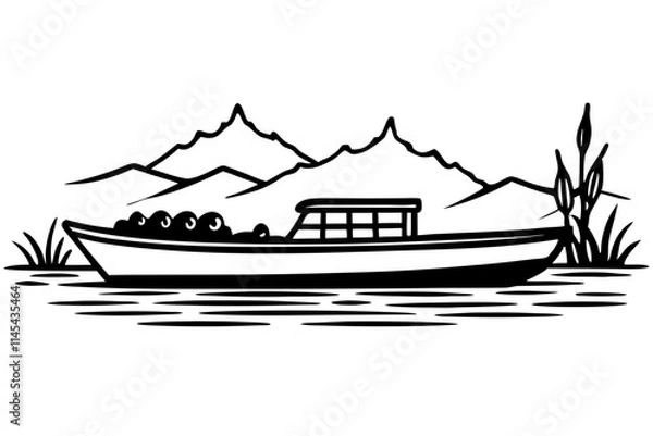 Fototapeta A boat on a calm lake flat vector art silhouette illustration on white background 08