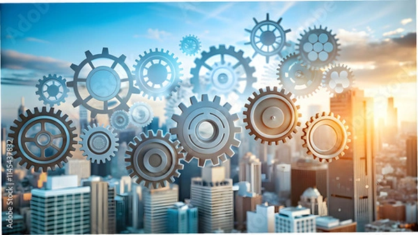 Fototapeta City Skyline with Interlocking Gears Symbolizing Urban Integration and Cyber Resilience
