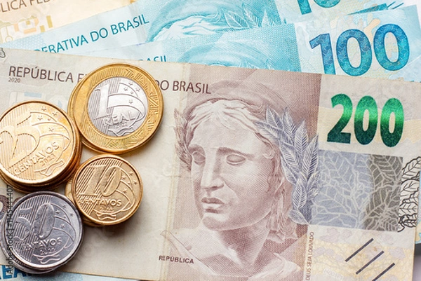 Obraz Moedas e Cédulas do Real Brasileiro em close