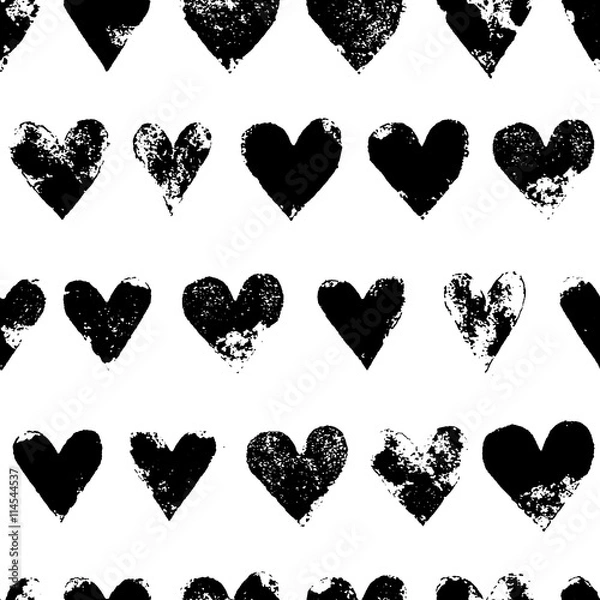 Obraz Black and white grunge hearts print seamless pattern, vector