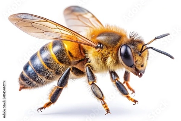 Fototapeta Honey Bee Hovering, White Background, Macro Photography