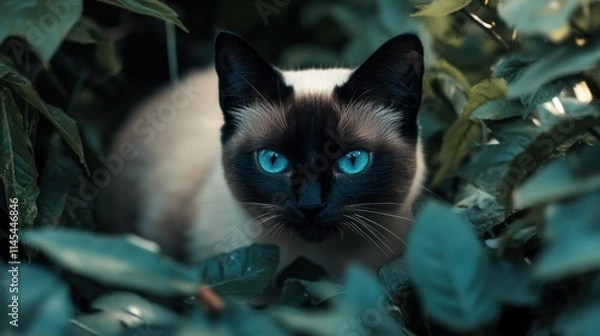 Fototapeta Siamese cat hiding in lush green foliage.