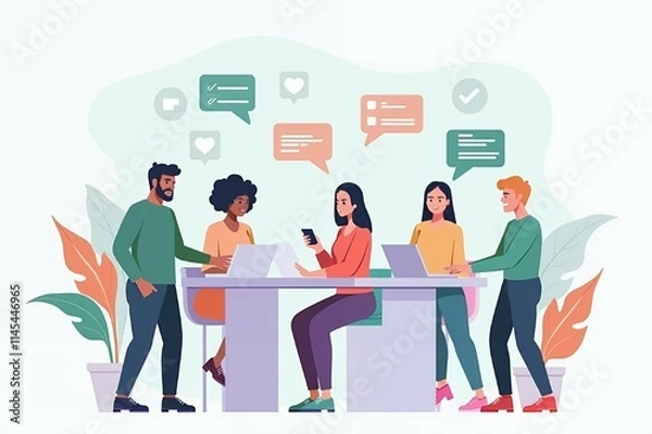 Fototapeta A group of diverse professionals working together via video call on laptops, surrounded by floating icons of messages, charts, and task checklists.