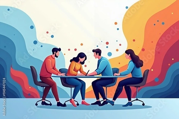 Fototapeta A team working in an abstract gradient of blue, red, and yellow, with vibrant, multi-colored background