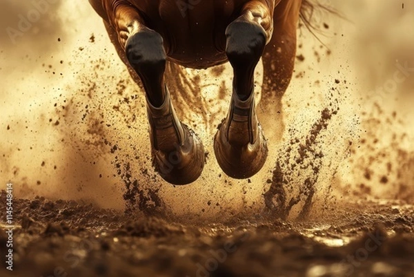 Fototapeta Close-up of horse's hooves, mud splashing. Illustrates speed, power, and intensity of horse racing.