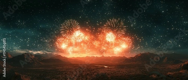 Obraz A grand fireworks show over a serene desert landscape. The bright lights contrast beautifully, Generative AI 