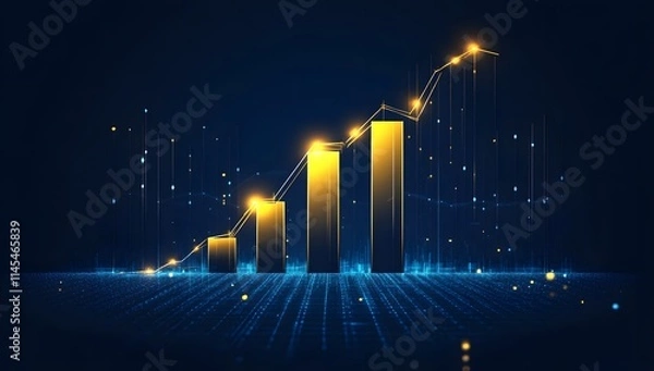 Obraz Abstract 3D bar chart with rising arrow, digital data visualization of business growth and financial success