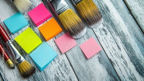 Fototapeta Paint brushes and colorful sticky notes on a wooden table in office