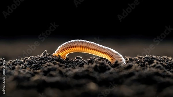 Fototapeta Macro natural concept. Close-up view of a millipede crawling on dark soil, showcasing its unique structure.