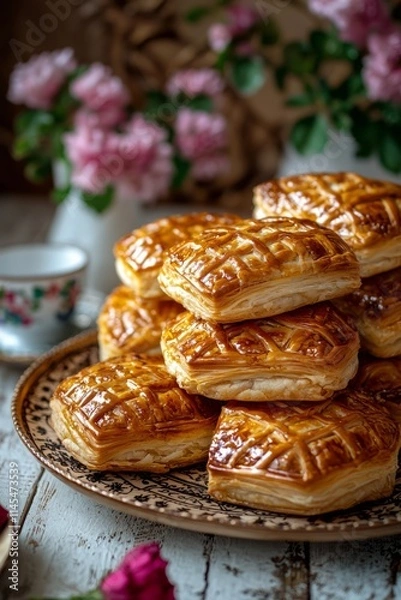 Obraz A beautifully arranged platter of traditional Armenian gata pastry. The pastry is golden brown, Generative AI 