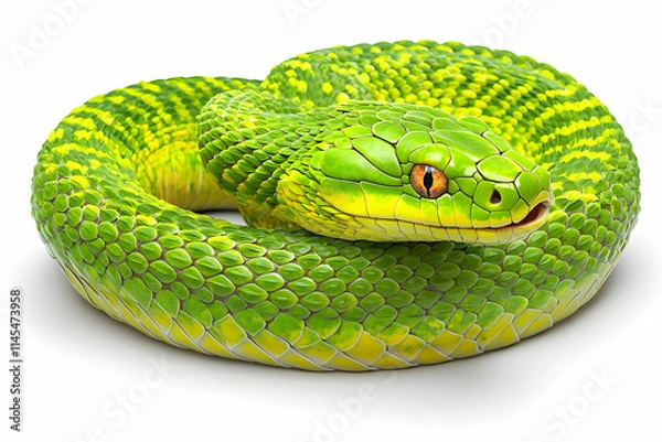 Fototapeta Vibrant Green Snake Coiled in Natural Pose with Striking Scales and Distinctive Coloration