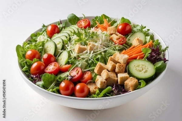 Fototapeta Fresh garden salad with cherry tomatoes, cucumbers, carrots, croutons, and mixed greens in a white bowl.