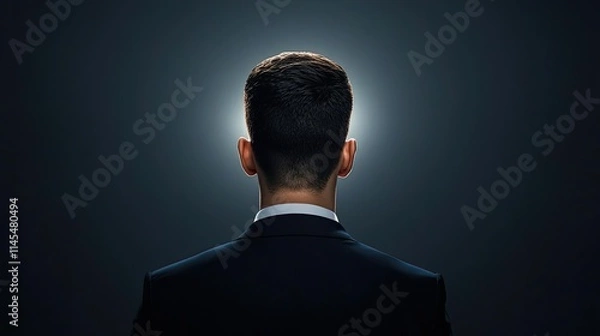 Obraz Businessman silhouettes idea. A professional man in a suit standing against a dark background, symbolizing ambition.