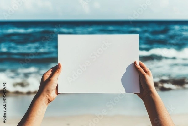Fototapeta A person holding a blank white canvas by the beach, with waves and ocean in the background.