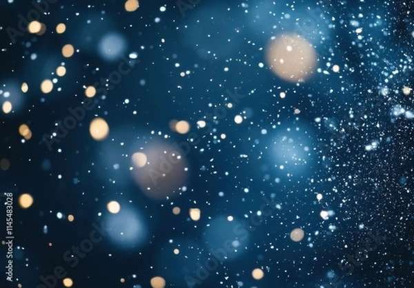 Fototapeta A Beautiful Abstract Background of Snowflakes and Soft Glowing Lights in a Dark Blue Winter Setting, Perfect for Seasonal or Holiday-Themed Designs and Projects