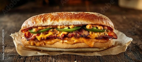 Fototapeta A close-up of a delicious sandwich filled with bacon, cheese, and jalapeños on a wooden surface.