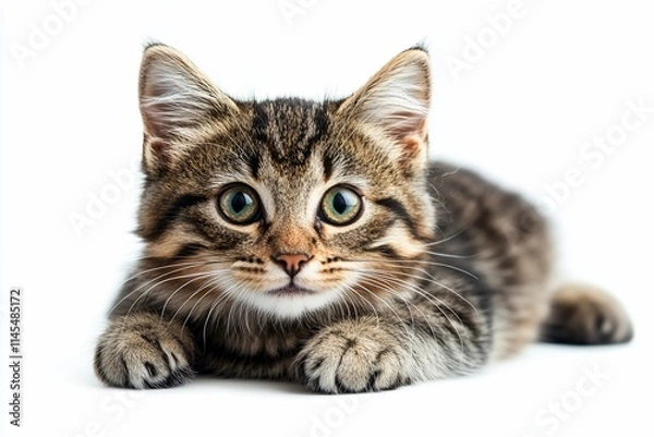 Fototapeta Adorable tabby kitten lying down, looking directly at camera on white background.