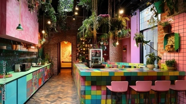 Fototapeta A vibrant kitchen with colorful tiles and lush plants, designed for cooking and socializing.