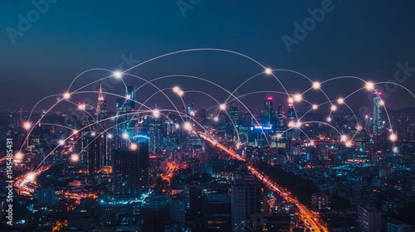 Fototapeta smart, digital, city, connection, network, innovation, reciprocity, cityscape, concept, Smart digital Innovation city with connection network reciprocity over the cityscape. of future smart wireless c