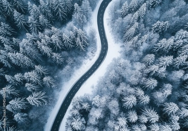 Fototapeta Aerial View of a Winding Road Through a Frosty Forest Surrounded by Pine Trees Blanketed in Fresh Snow in a Winter Wonderland