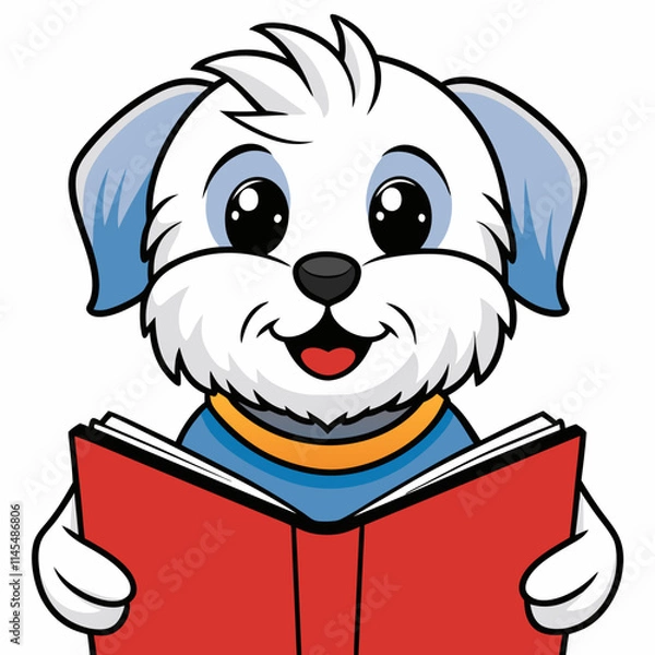 Fototapeta Maltese dog reading book on white background 