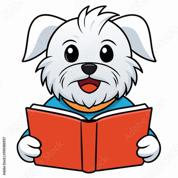 Fototapeta Maltese dog reading book on white background 