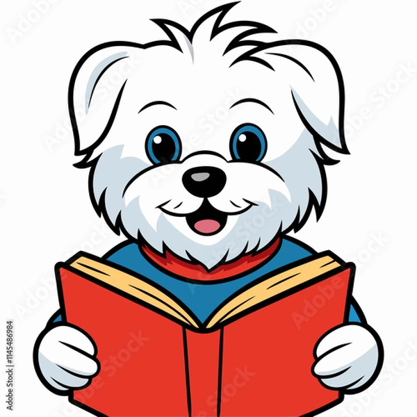 Fototapeta Maltese dog reading book on white background 