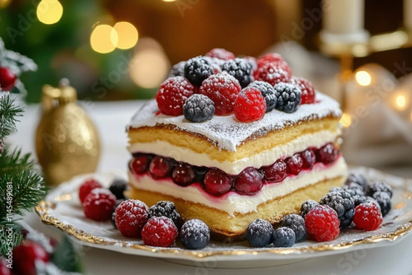 Fototapeta A festive Napoleon cake layered with custard, topped with fresh berries, and dusted with powdered sugar,
