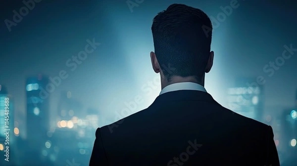 Obraz Businessman silhouettes idea. A businessman gazes at a city skyline, reflecting on opportunities and challenges ahead.