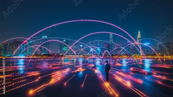 Fototapeta Smart digital Innovation city with connection network reciprocity over the cityscape. of future smart wireless city and social media networking systems that connects business people with in city