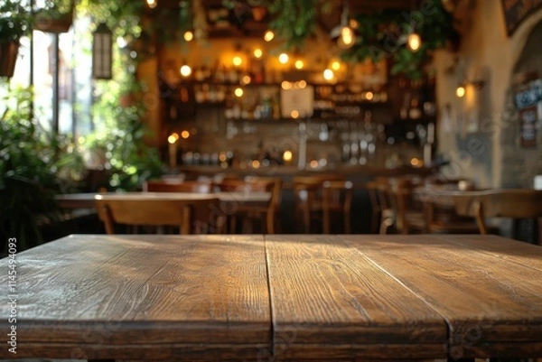 Fototapeta Rustic wooden table in a dimly lit bar. Perfect for showcasing food, drinks, or product placement.