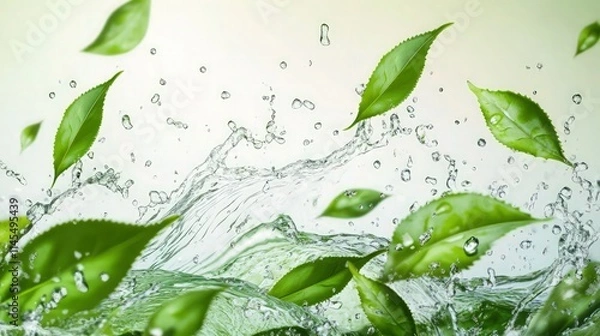 Fototapeta Green tea leaves with drink splash drops. Herbal water wave. Vector refreshing and invigorating dynamic movement of organic