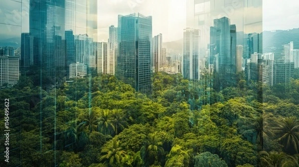 Fototapeta green city - double exposure of lush green forest and modern skyscrapers windows