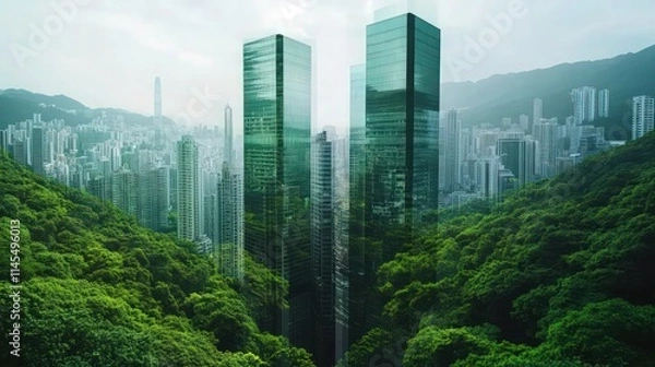 Fototapeta green city - double exposure of lush green forest and modern skyscrapers windows