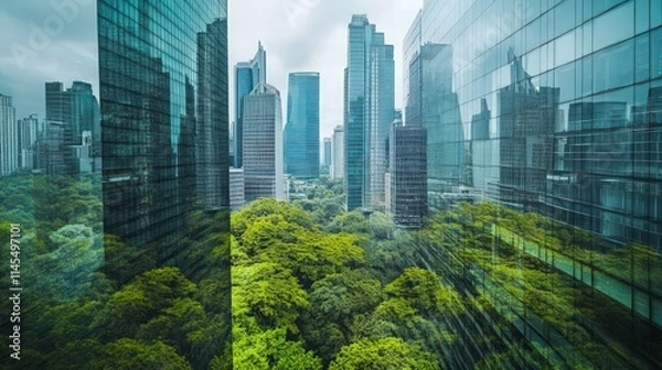 Fototapeta green city - double exposure of lush green forest and modern skyscrapers windows