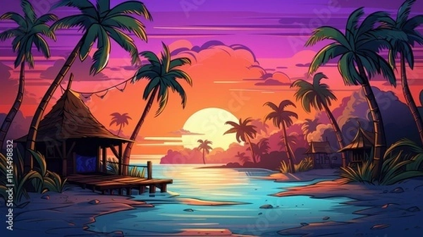 Fototapeta Tropical Sunset Scene with Hut and Palm Trees