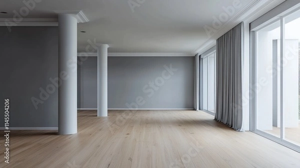 Fototapeta A spacious, minimalist room with large windows and light wooden flooring.