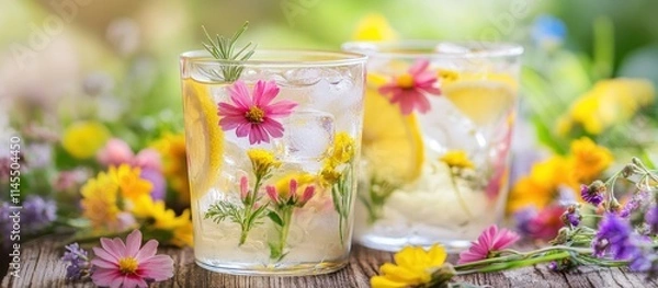 Obraz Refreshing floral drinks with ice and vibrant flowers, set in a natural environment.