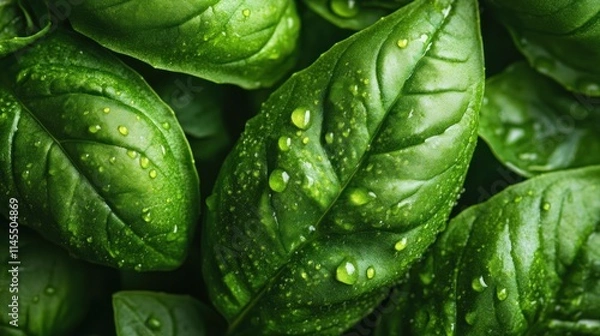 Fototapeta Close-up of fresh green basil leaves with water droplets, showcasing their texture and vibrancy.