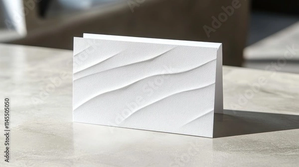Fototapeta Elegant white card with a textured wave design, displayed on a modern stone table, perfect for invitations or greeting cards in stylish presentations
