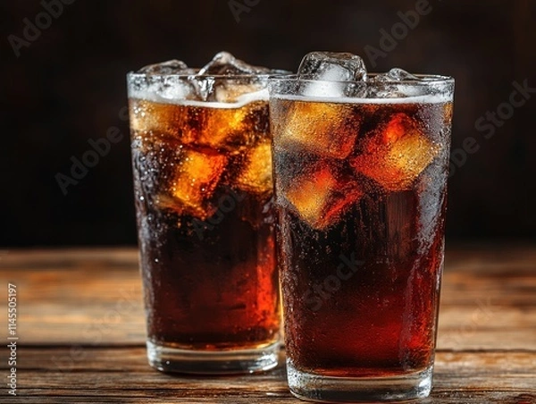 Fototapeta Two glasses of cola filled with ice on a wooden surface, showcasing a refreshing beverage.