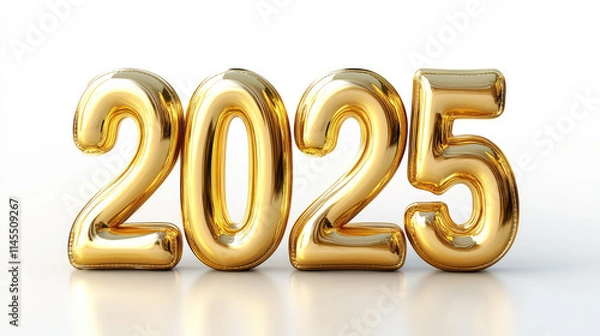 Obraz Happy New Year 2025.  Gold Balloons on White Background. 3d render